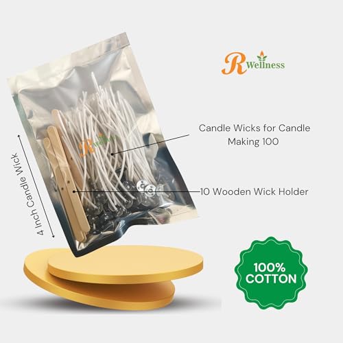 R Wellness® Candle Making Kit – 4 Inch Pre-Waxed Cotton Candle Wicks for Candle Making – 100 PCS with 10 Wooden Wick Holders Perfect Candle Making Material for Your Homemade Candles - Image 2