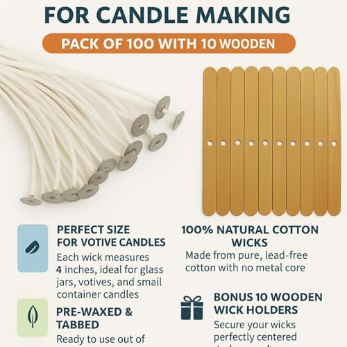 R Wellness® Candle Making Kit – 4 Inch Pre-Waxed Cotton Candle Wicks for Candle Making – 100 PCS with 10 Wooden Wick Holders Perfect Candle Making Material for Your Homemade Candles - Image 5