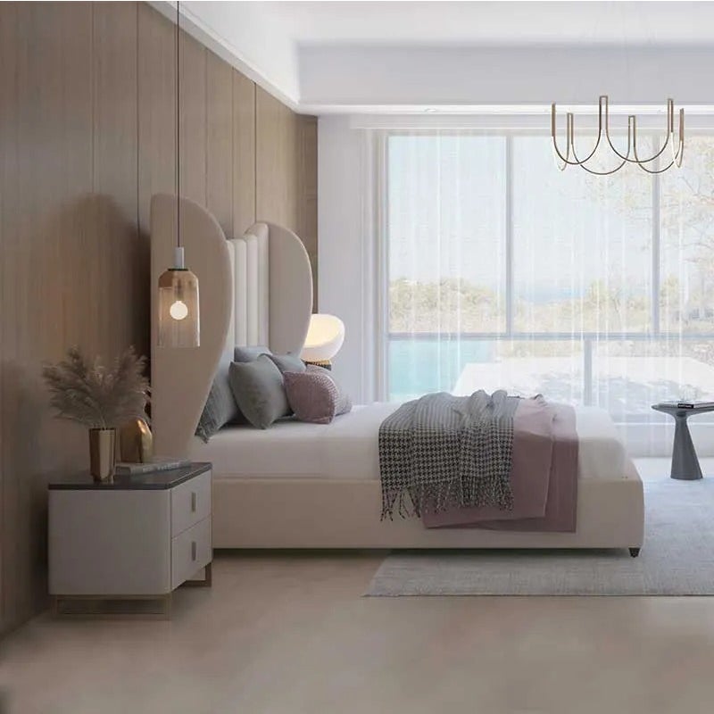 الزخارف للمفروشات سرير إكلا العصري بتنجيد مخملي فاخر مع لوح رأس مبطن مرتفع بتصميم جانبي، قماش مخمل ناعم، سرير فاخر لغرفة النوم – لون كريمي أبيض، مقاس كينغ 180 × 200 سم - Image 2