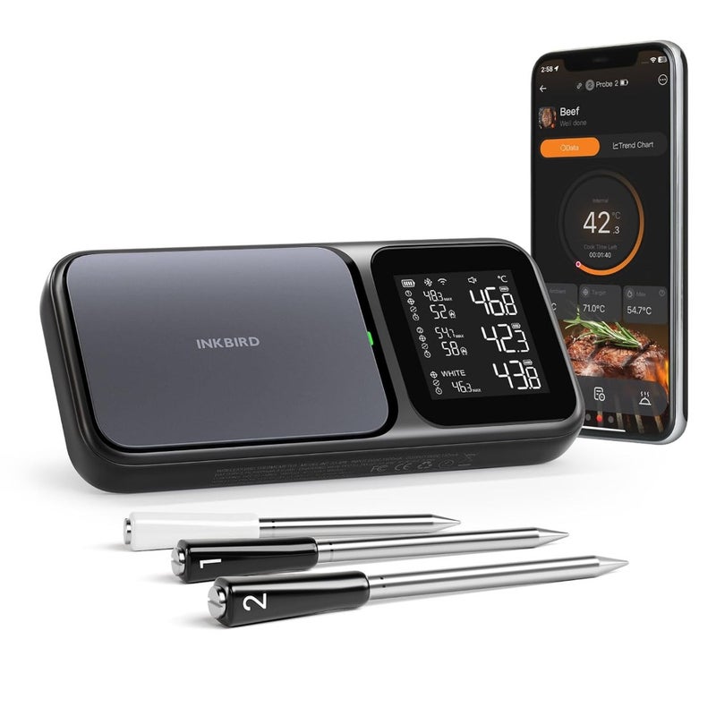 Wireless Meat Thermometer with 3 Multi-Sensor Food Probes For BBQ, Grilling, Smoking Stainless Steel Probes Real-Time Temperature Monitoring Portable and Rechargeable - Image 1