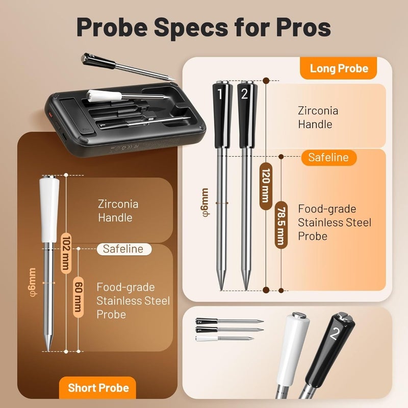 Wireless Meat Thermometer with 3 Multi-Sensor Food Probes For BBQ, Grilling, Smoking Stainless Steel Probes Real-Time Temperature Monitoring Portable and Rechargeable - Image 4