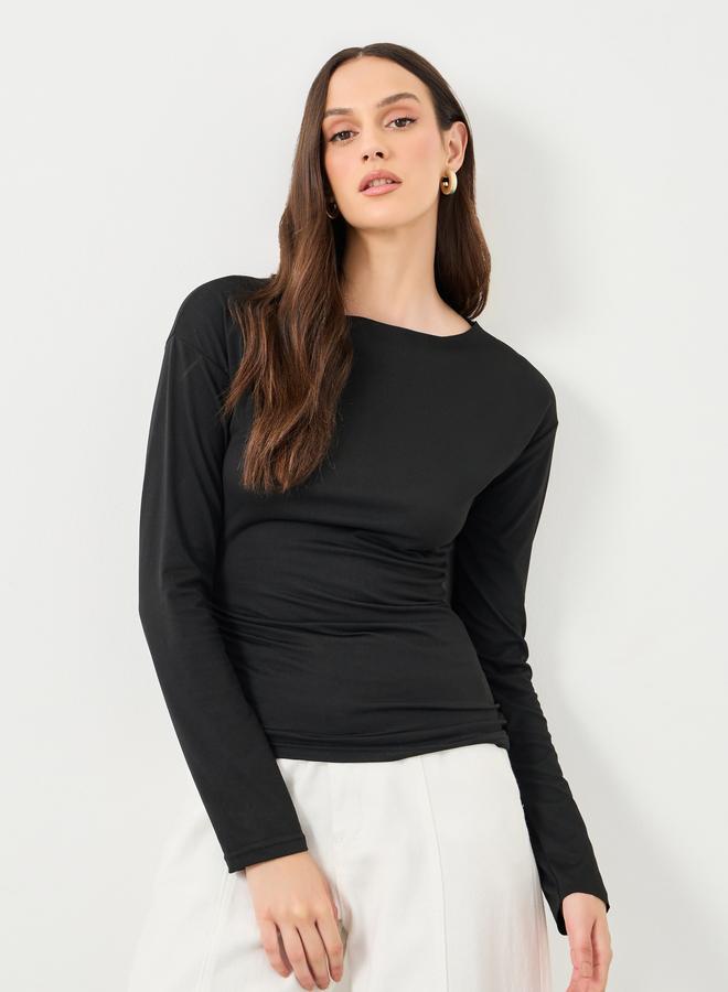 Styli Women Black Asymmetric Hem Fitted Top - Image 1