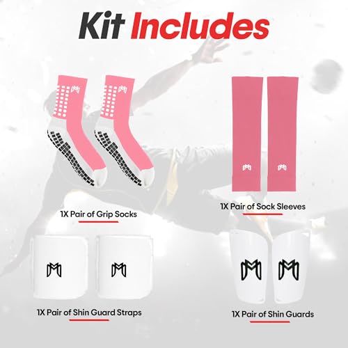 MediCaptain Soccer Grip Socks Shin Guards Pre Cut Sock Sleeves and Guard Straps Bundle Pack Essential Equipment for Soccer Players for Mens Women Youth Size 7 to 12 US Men Shoe Size Pink - Image 3