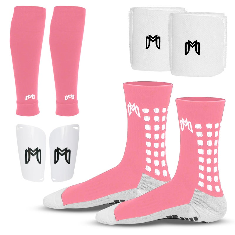 MediCaptain Soccer Grip Socks Shin Guards Pre Cut Sock Sleeves and Guard Straps Bundle Pack Essential Equipment for Soccer Players for Mens Women Youth Size 7 to 12 US Men Shoe Size Pink - Image 2