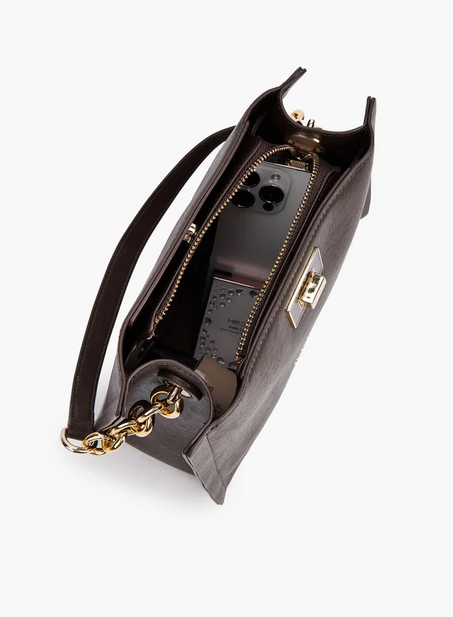 Flora Bella By Shoexpress Solid Tote Bag with Chain Accented Handle and Zip Closure