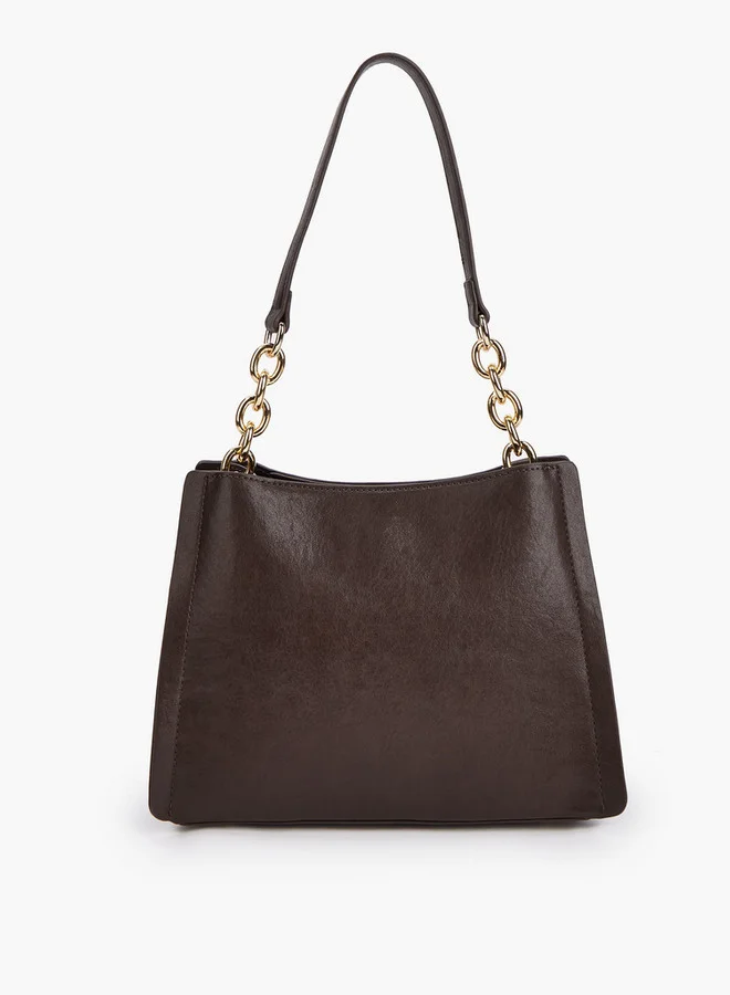 Flora Bella By Shoexpress Solid Tote Bag with Chain Accented Handle and Zip Closure