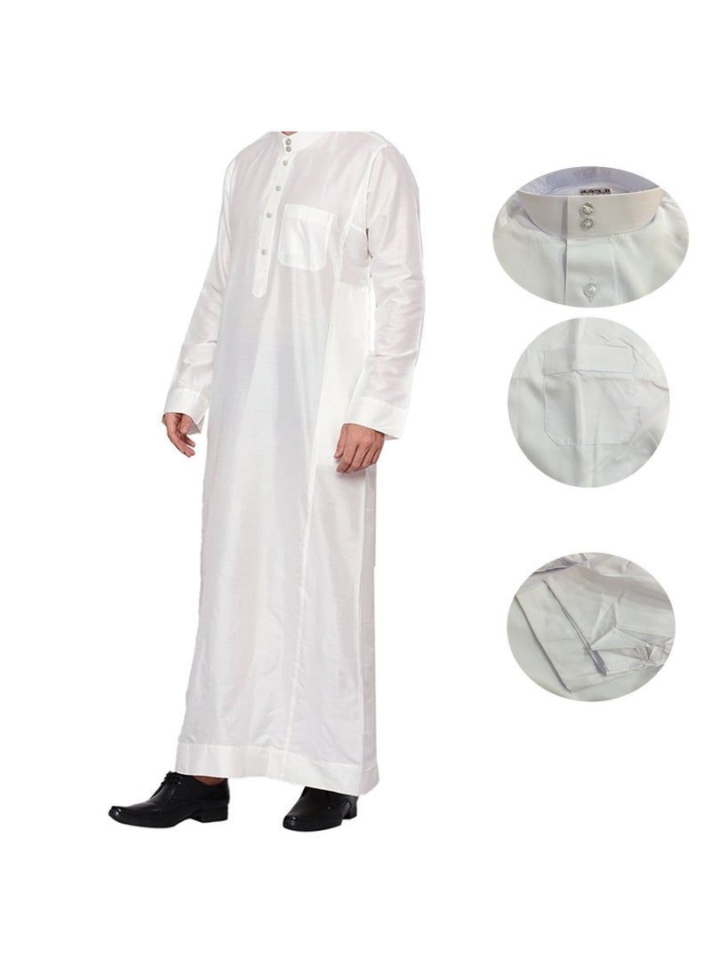Generic Polyester Mens Robe Qatar Stand Collar Design with Pockets White  - Image 4