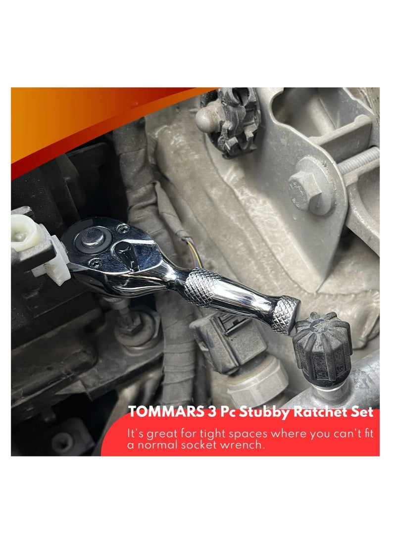 SYOSI 1/4, 3/8, 1/2 Inch Drive Stubby Ratchet Set 3 Pc Mini Ratchet Quick-Release Head 72-Tooth  - Image 2
