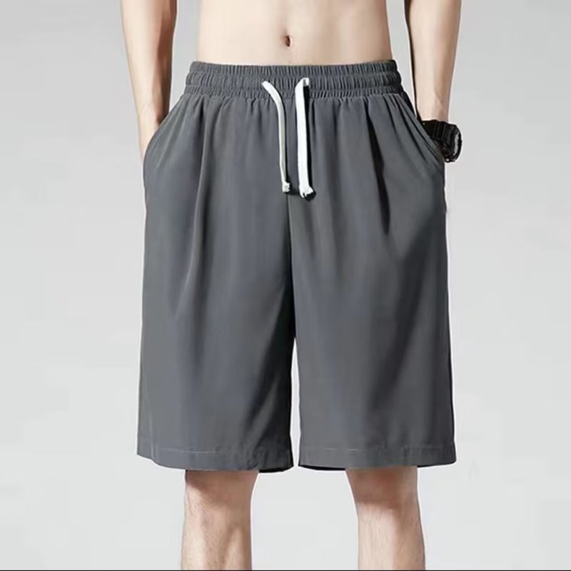 Summer Shorts Mens Korean-style Fashionable Loose Ice Silk Large Pants Outer Wear Thin Sports Five-length Pants Quick-drying Mid-length Pants Dark gray - Image 1
