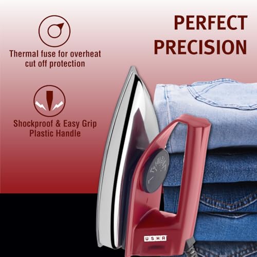 USHA EI 4175-M 750W ULTRA LIGHT WEIGHT ELECTRIC IRON WITH NON STICK PTFE COATED (BLACK WEILBURGER) SOLE PLATE, MAROON - Image 2