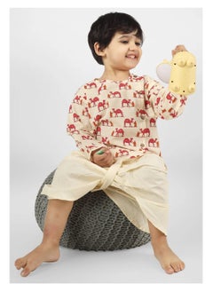 Polka Tots Polka Tots Full Sleeves Camel Print Angrakha Top With Dhoti - Cream (4Y - 5Y)  - Image 1