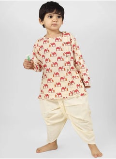 Polka Tots Polka Tots Full Sleeves Camel Print Angrakha Top With Dhoti - Cream (4Y - 5Y)  - Image 3
