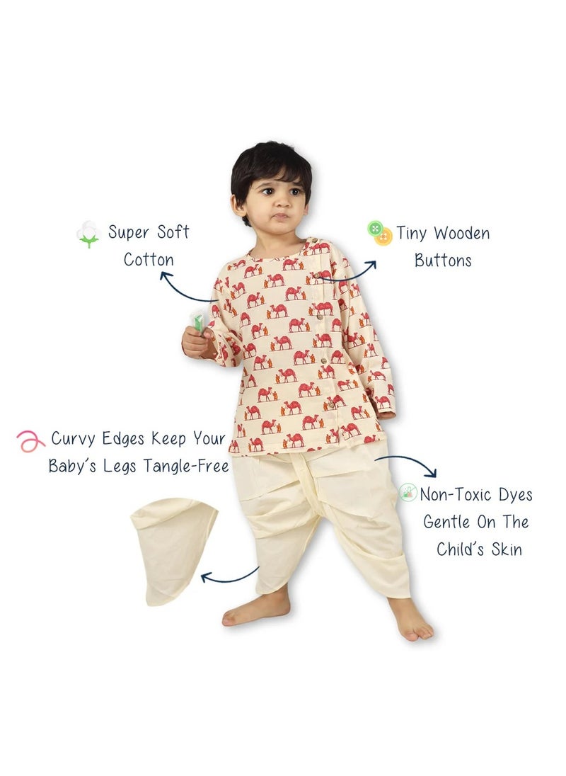 Polka Tots - Polka Tots Full Sleeves Camel Print Angrakha Top With Dhoti - Cream (4Y - 5Y) - Image 1