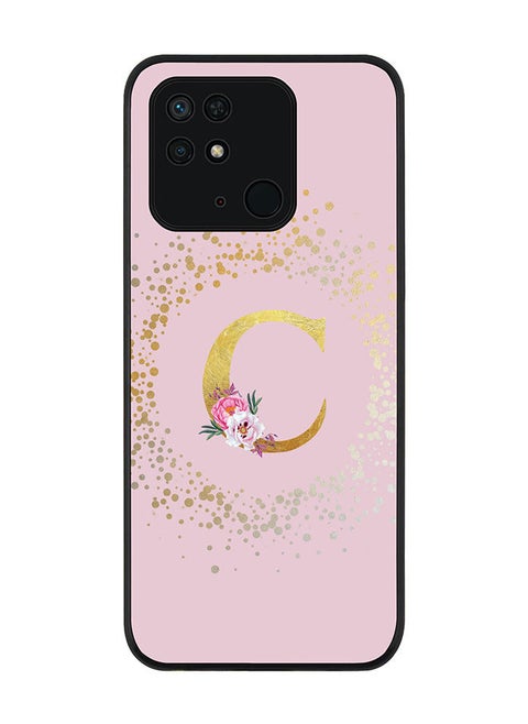 Rugged Black edge case for Redmi 10C 4G  Slim fit Soft Case Flexible Rubber Edges Anti Drop TPU Gel Thin Cover - Custom Monogram Initial Letter Floral Pattern Alphabet - C (Pink )