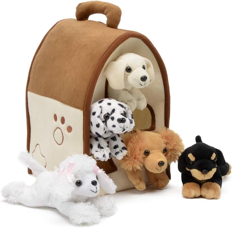 Unipak Plush Dog House -Five (5) Stuffed Animal Dogs (Dalmation, Yellow Lab, Rottweiler, Poodle, Cocker Spaniel) in Play Dog House Carrying House
