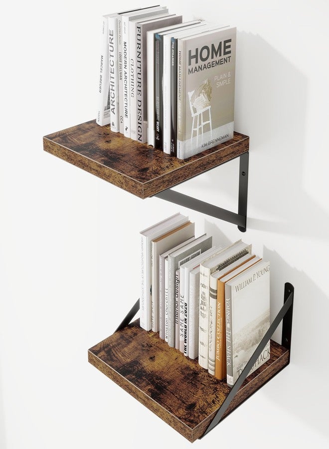 Venusmiles Deep Wall Shelves 12"W x 12"D Engineered Wood Floating Shelves for Wall, Sturdy Metal Bracket Bookshelves Home Decor Storage for Living Room Bedroom Bathroom Kitchen, Set of 2, Rustic Brown Finish - Image 1
