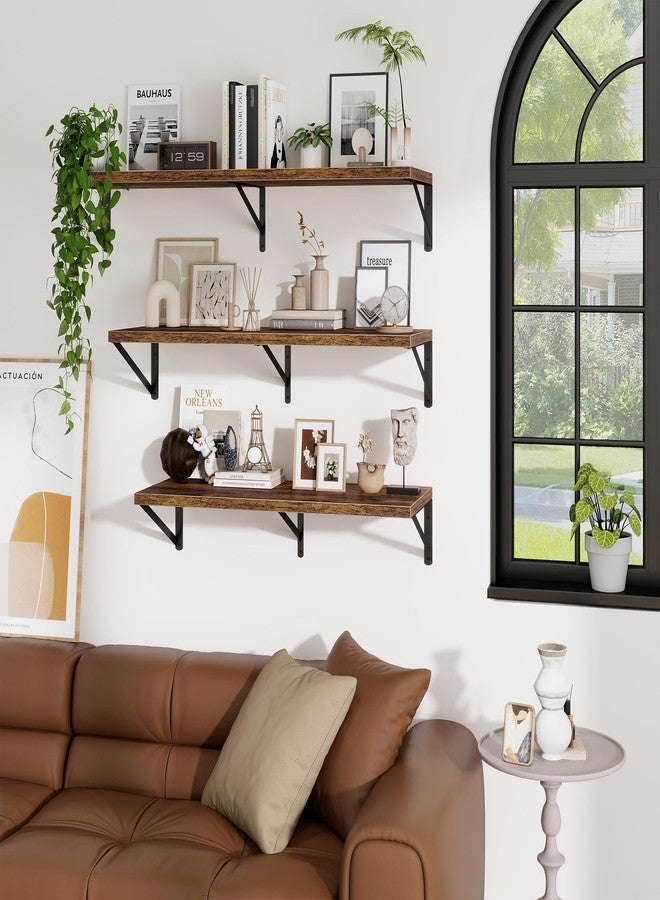 Venusmiles Deep Wall Shelves 12"W x 12"D Engineered Wood Floating Shelves for Wall, Sturdy Metal Bracket Bookshelves Home Decor Storage for Living Room Bedroom Bathroom Kitchen, Set of 2, Rustic Brown Finish - Image 4