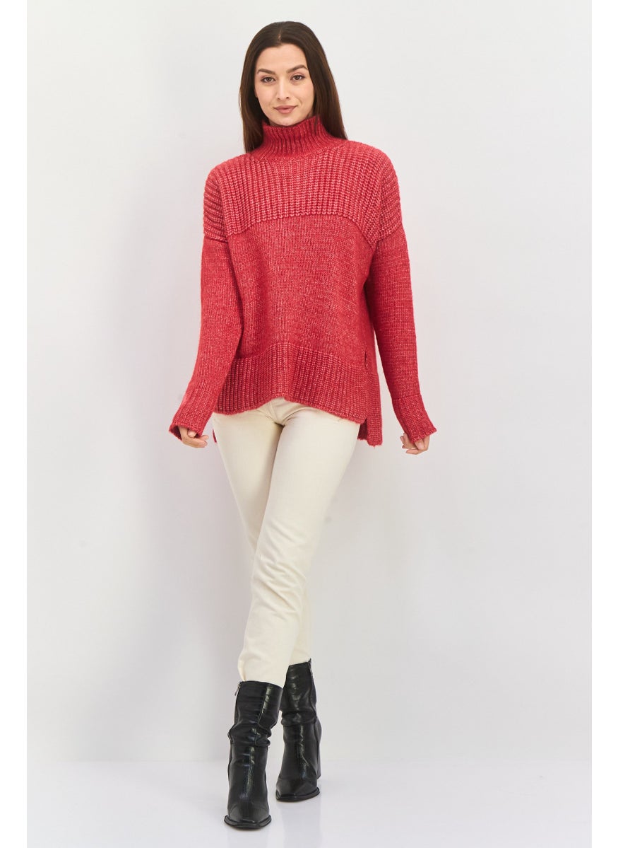 HUGO BOSS Women Mock Neck Textured Sweater, Red  - Image 3