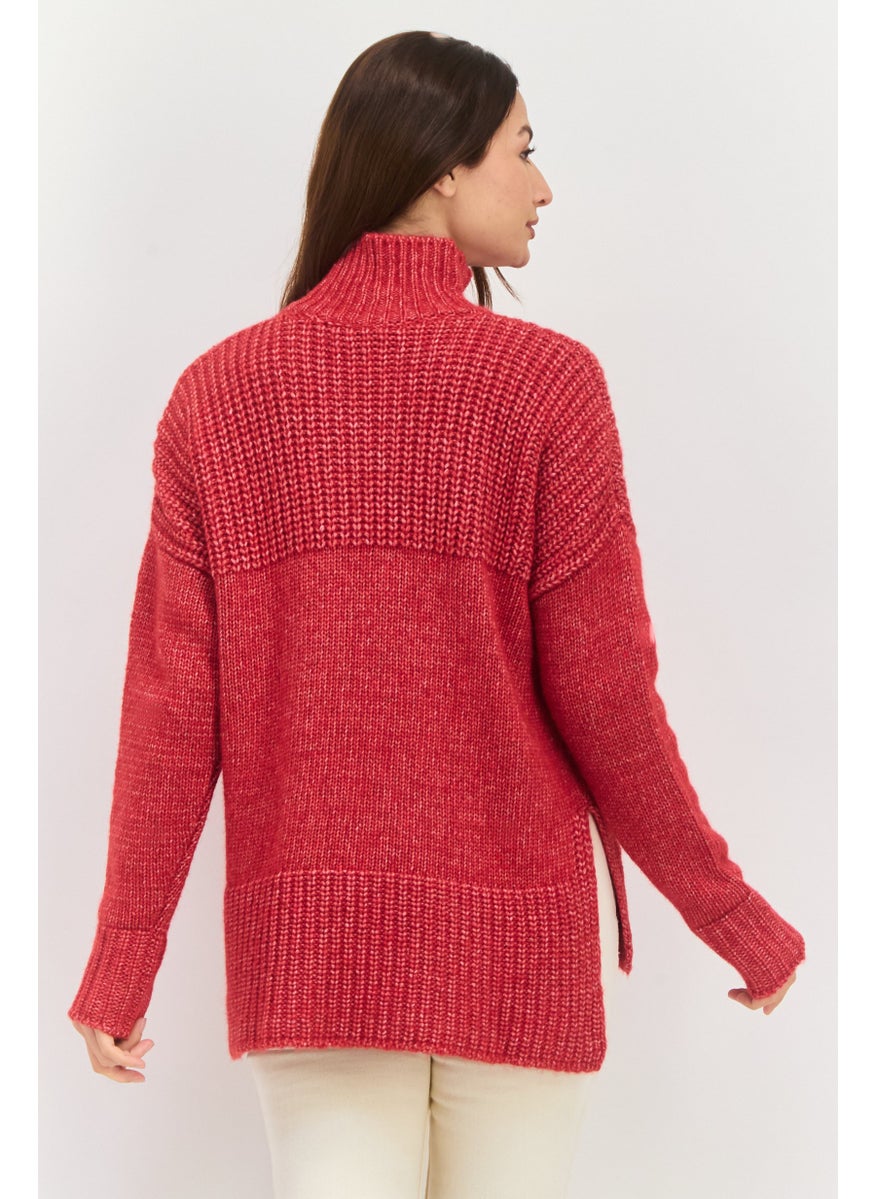 HUGO BOSS Women Mock Neck Textured Sweater, Red  - Image 2