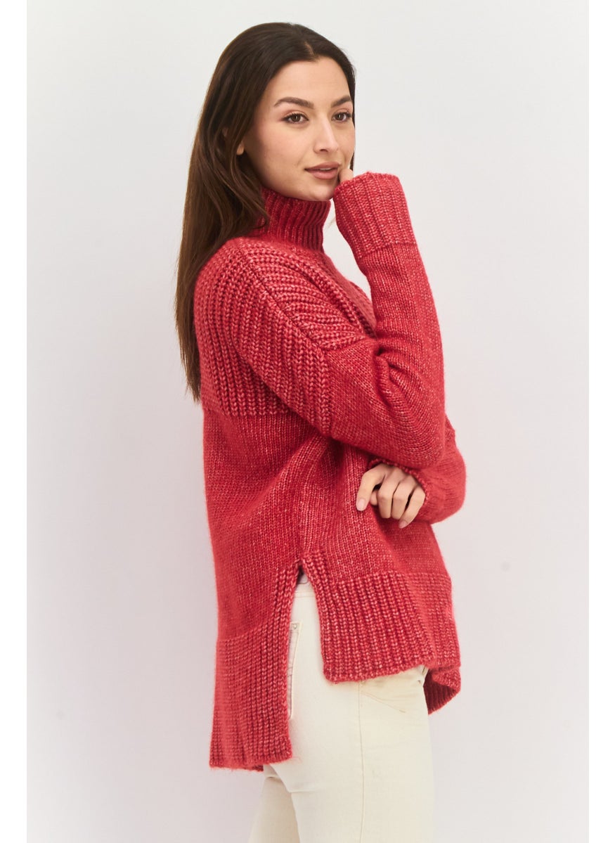 HUGO BOSS Women Mock Neck Textured Sweater, Red  - Image 4
