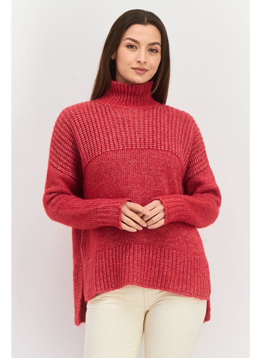 HUGO BOSS Women Mock Neck Textured Sweater, Red  - Image 1