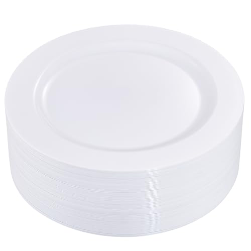 I00000 50Pcs White Plastic Dinner Plates 10.25 Inch, Premium Disposable Party Plates, Safe and Reusable, Heavy Duty Plastic Plates Perfect for Wedding & Party - Image 1