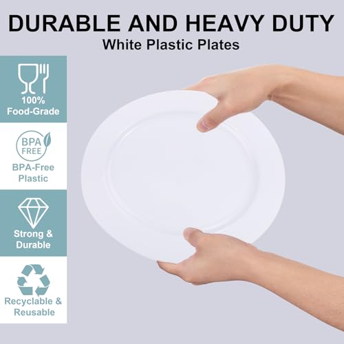 I00000 50Pcs White Plastic Dinner Plates 10.25 Inch, Premium Disposable Party Plates, Safe and Reusable, Heavy Duty Plastic Plates Perfect for Wedding & Party - Image 3