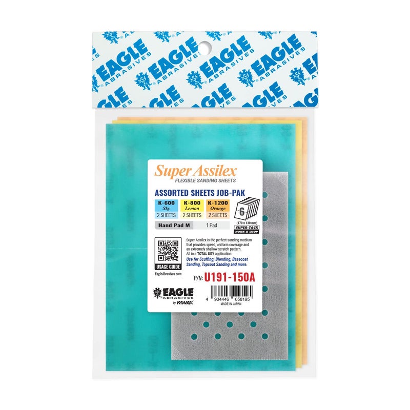 Eagle Abrasives Super Assilex Flexible Sanding Sheets Job-PAK, Assorted K600-K1200, U191-150A, 6 Sheets + 1 M Hand Pad for Half Sheets - Image 1