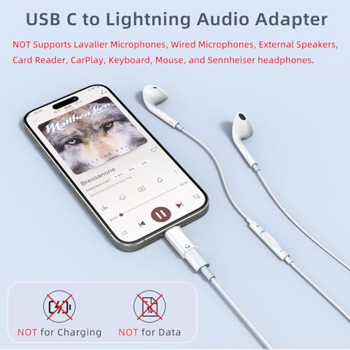 Jadebones 2 Pack USB C to Light-ning Audio Adapter Only for Apple EarPods Headphones, Not for Charging/Data Transfer, Light-ning to USB C Adapter for iPhone 16/15, iPad, White - Image 2