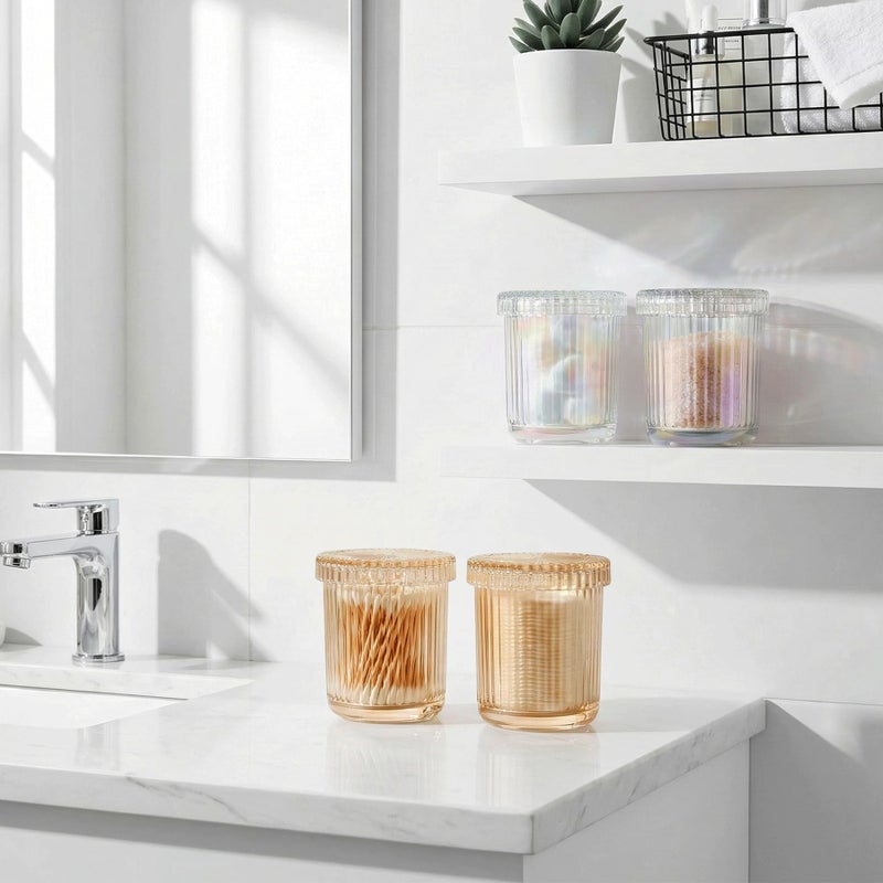 MKOSAB Bathroom Organizers and Storage,2 Pack Glass Qtip Holder Dispenser,Bathroom Essentials Accessories Decor,Vanity Makeup Storage Organizer for Cotton Swabs,Cotton Balls,Pads,Floss Picks (Amber) - Image 5
