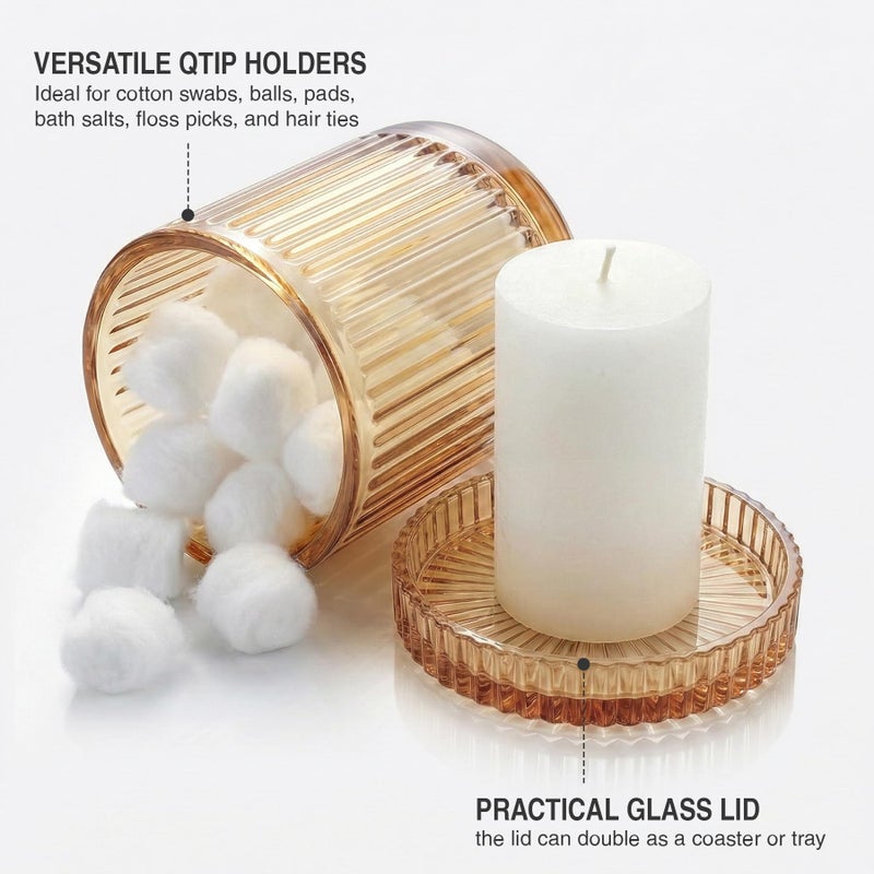 MKOSAB Bathroom Organizers and Storage,2 Pack Glass Qtip Holder Dispenser,Bathroom Essentials Accessories Decor,Vanity Makeup Storage Organizer for Cotton Swabs,Cotton Balls,Pads,Floss Picks (Amber) - Image 3