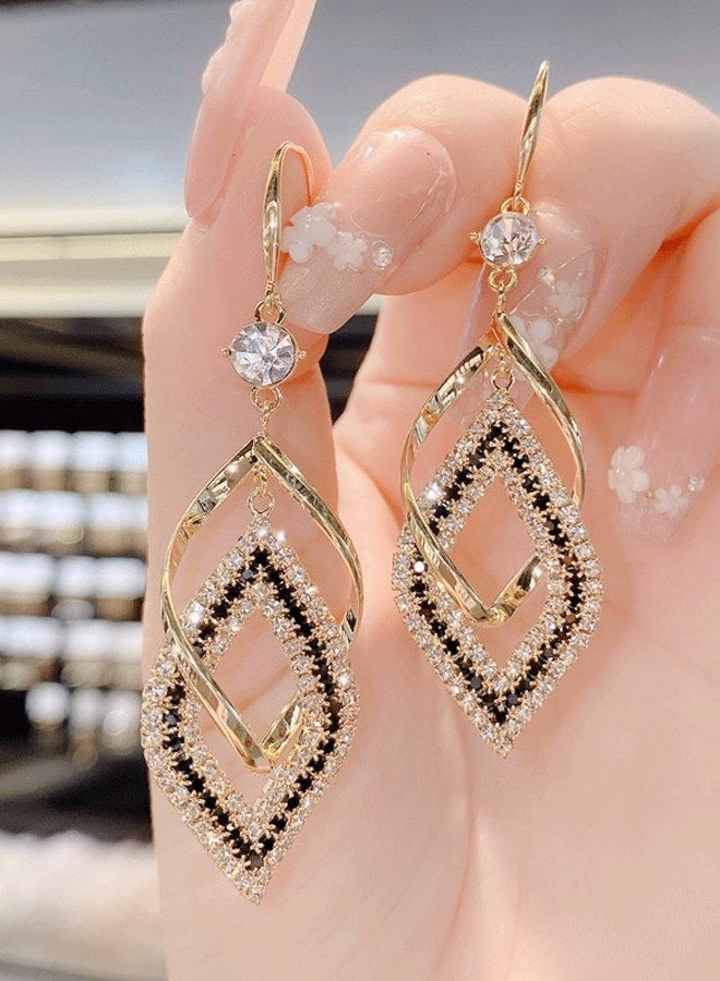 Gold Plated Geometric Rhombus Zircon Earrings for Women - Long Dangling Luxury Elegant Fashion Statement Drop Earrings | Versatile Ladies Diamond Micro-Inlaid Earrings - Image 1