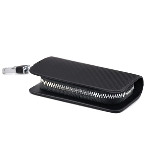 KMH Premium Carbon Fiber Finish Car Key Wallet Bag | Wallet for Key Case Shell Pouch Cover Holder, Key Zipper Fob Protector | Smart Remote Keychain Holder with Metal Hook Keyring Zipper Bag (Black) - Image 3