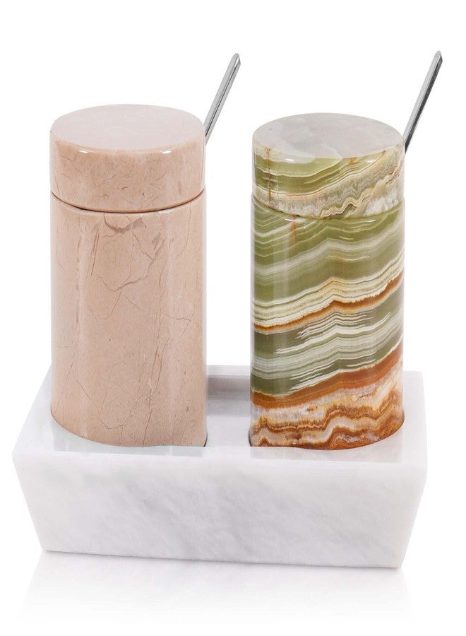 Radicaln Marble Salt Cellar 3" Inches Verona and Green Handmade Storage Box For Kitchen Countertop, Ideal Spice Jar, Salt and Pepper Shaker Set of 2 & Seasoning Salt Container With Lid - Image 1