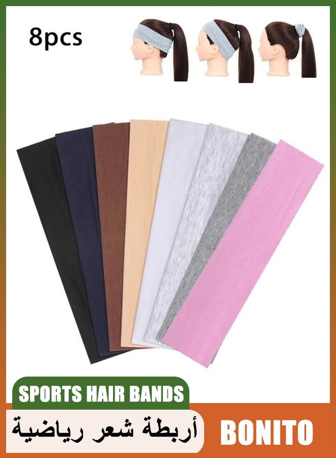 بونيتو 8PCS غير زلة أزياء الرياضة عصابات الشعر، لينة القطن النسيج تمتد عصابات الرأس للرجال والنساء لممارسة الرياضة واليوغا والجري - Image 1