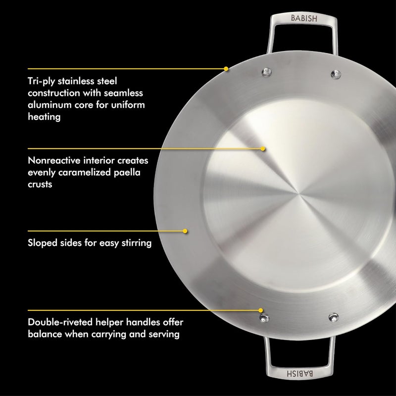 Babish 13 Inch Tri-Ply Stainless Steel Paella Pan, Large Skillet, Griddle, Frying Pan - Induction Safe - Image 3