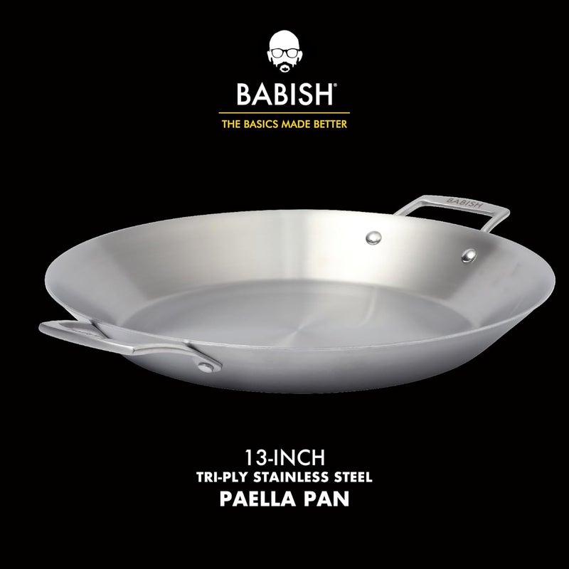 Babish 13 Inch Tri-Ply Stainless Steel Paella Pan, Large Skillet, Griddle, Frying Pan - Induction Safe - Image 2