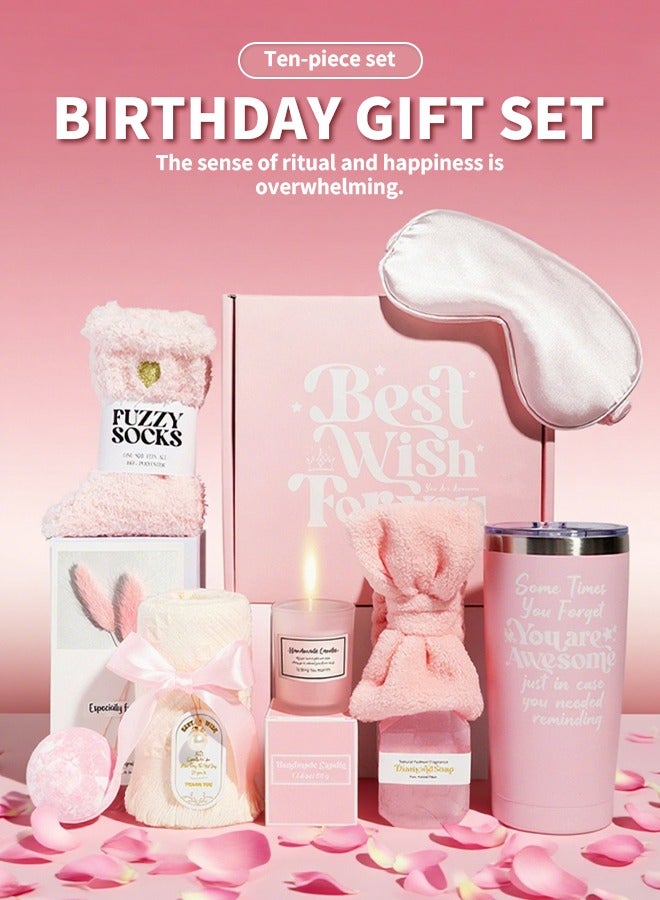 10PCS Gifts Basket for Women, Birthday Gift Sets, Gift Ideas, Spa Gifts with Aromatherapy, Candles, Bath Balls, Towels, Socks, Soap, Eye Masks, Unforgettable Birthday Present and Anniversary Gift for Mom Wife Sisters Friends - Image 2