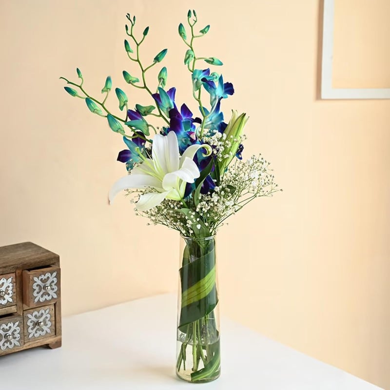 Floweraura FlowerAura Fresh Live Flower Bouquet of 1 Lily With 3 Blue Flower In Glass Vase For Birthday Gift Anniversary Gift Wedding Gift Congratulations Gift Gift For Special Occasions Same Day Delivery  - Image 1