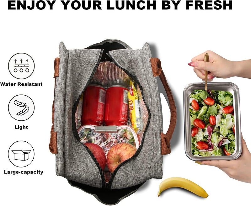 Joymee Lunch Bag Women Insulated Lunch Box Reusable Leakproof Large Spacious Tote for Women Men Adult with Bottle Holder and Side Pockets for Work Picnic Travel - Grey - Image 3
