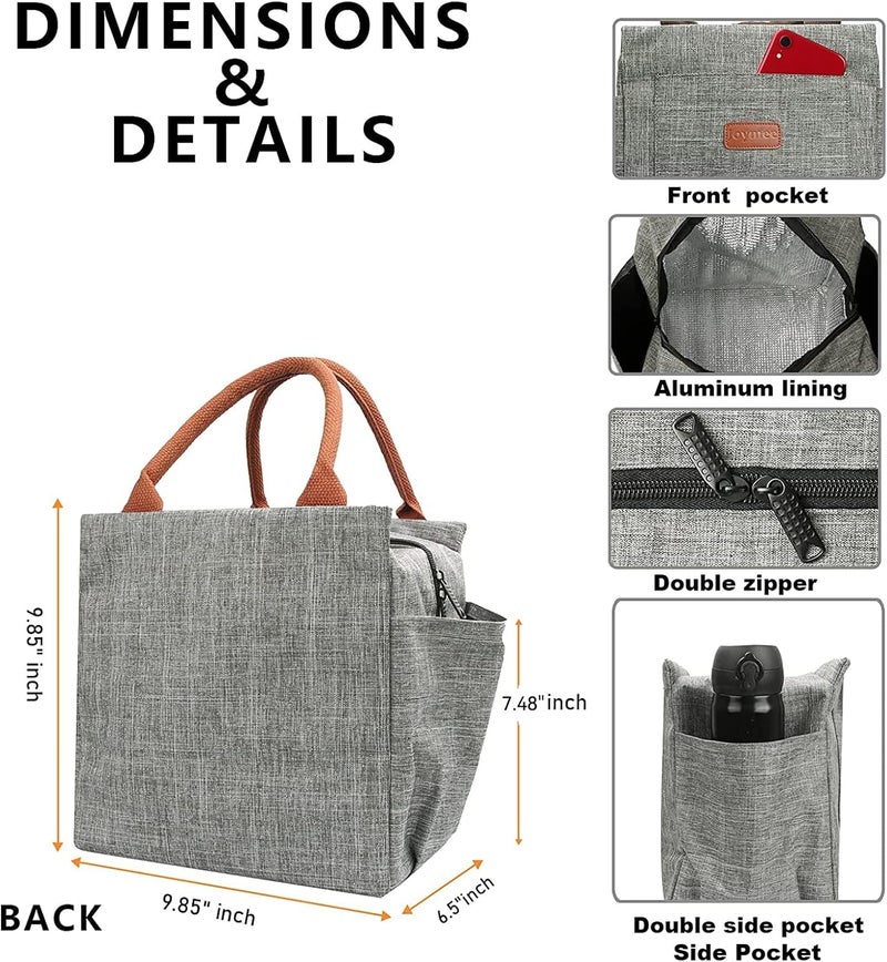 Joymee Lunch Bag Women Insulated Lunch Box Reusable Leakproof Large Spacious Tote for Women Men Adult with Bottle Holder and Side Pockets for Work Picnic Travel - Grey - Image 2