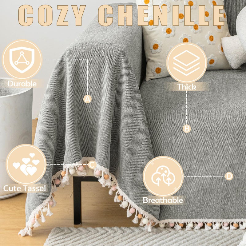 HANDONTIME Couch Slipcovers for Sofas Dark Grey Couch Cover Sofa Cover for Dogs Boho Pet Couch Protector with Tassel Chenille Herringbone Couch Cover for 2 3 Seat Washable Pet Friendly, 71" X118" - Image 2