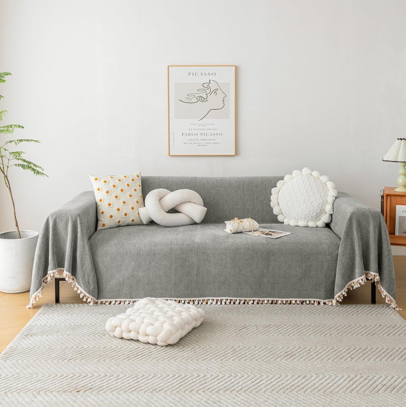 HANDONTIME Couch Slipcovers for Sofas Dark Grey Couch Cover Sofa Cover for Dogs Boho Pet Couch Protector with Tassel Chenille Herringbone Couch Cover for 2 3 Seat Washable Pet Friendly, 71" X118" - Image 1