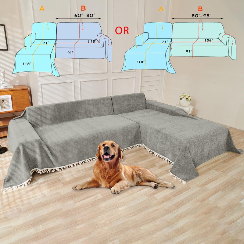 HANDONTIME Couch Slipcovers for Sofas Dark Grey Couch Cover Sofa Cover for Dogs Boho Pet Couch Protector with Tassel Chenille Herringbone Couch Cover for 2 3 Seat Washable Pet Friendly, 71" X118" - Image 3