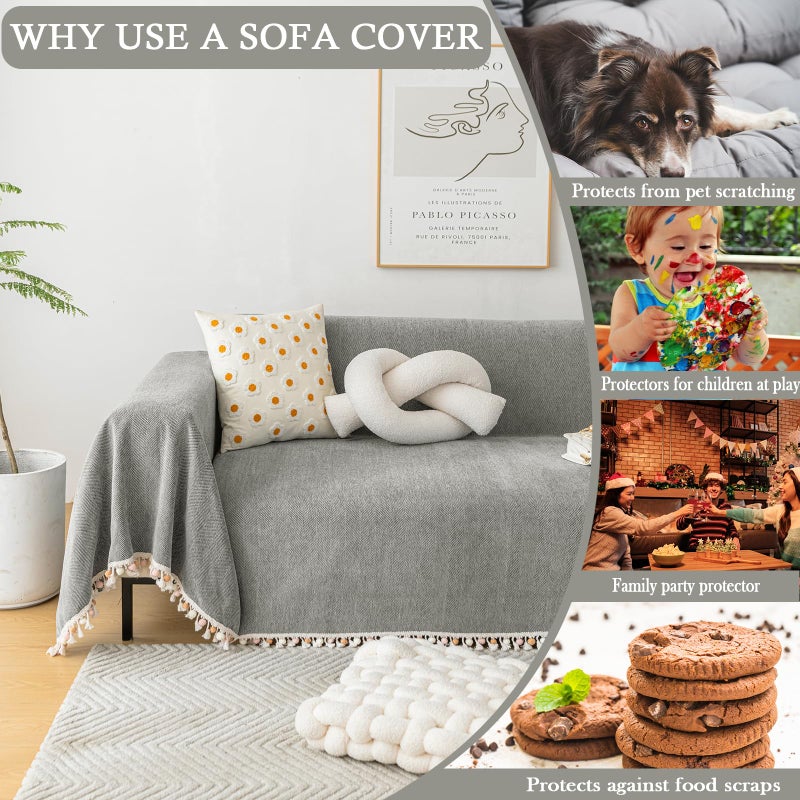 HANDONTIME Couch Slipcovers for Sofas Dark Grey Couch Cover Sofa Cover for Dogs Boho Pet Couch Protector with Tassel Chenille Herringbone Couch Cover for 2 3 Seat Washable Pet Friendly, 71" X118" - Image 4