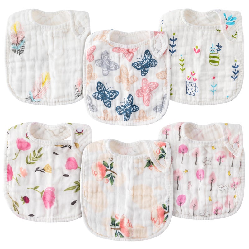 Zainpe 6Pcs Snap Muslin Cotton Baby Bibs Spring Butterflies Flowers Bib with 6 Absorbent Soft Layers Adjustable Burp Cloths for Infant Girl Boy Toddler Drooling Eating Teething Feeding 0 to 24 Months - Image 2