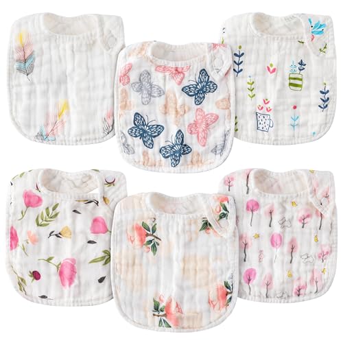 Zainpe 6Pcs Snap Muslin Cotton Baby Bibs Spring Butterflies Flowers Bib with 6 Absorbent Soft Layers Adjustable Burp Cloths for Infant Girl Boy Toddler Drooling Eating Teething Feeding 0 to 24 Months - Image 1