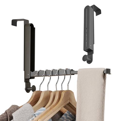 RFOUO Over The Door Hooks Hanger Fit Door up to 1 34 Optimal 2pcOver The Door Hanger with Retractable RodFoldable Over The Door Drying Rack for Laundry Bathroom Bedroom Space Grey 2 Pack - Image 1