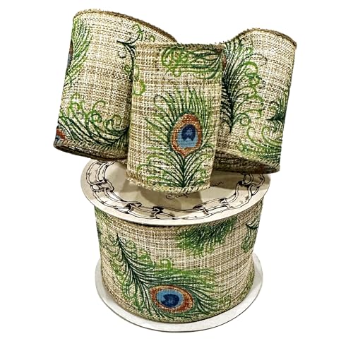 GiftWrap Etc Peacock Print on Beige Christmas Wired Ribbon - 2 1/2 inch x 10 Yards, Blue, Green, Gold Feathers, Mardi Gras, Wedding, Party, DIY Wreath, Swag, Garland, Fall, Thanksgiving, Tree Decoration - Image 1