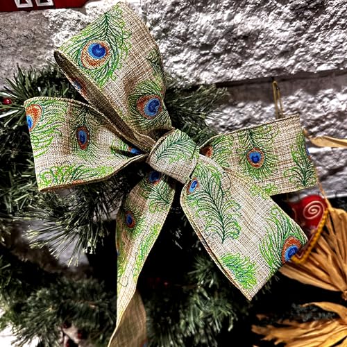 GiftWrap Etc Peacock Print on Beige Christmas Wired Ribbon - 2 1/2 inch x 10 Yards, Blue, Green, Gold Feathers, Mardi Gras, Wedding, Party, DIY Wreath, Swag, Garland, Fall, Thanksgiving, Tree Decoration - Image 4